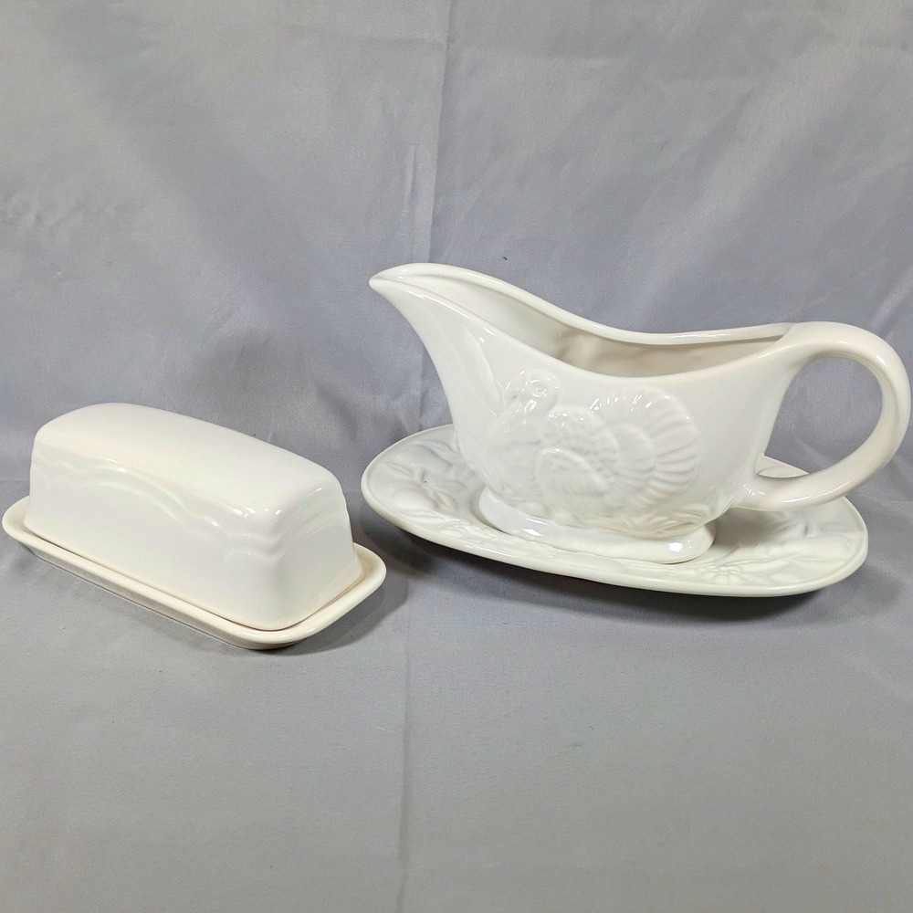 Turkey Embossed Gravy Boat Set w/ Saucer and Butter Dish, Ceramic White 6 oz